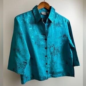 Chico's Tropical Print Teal Silk and Linen Blend Blouse